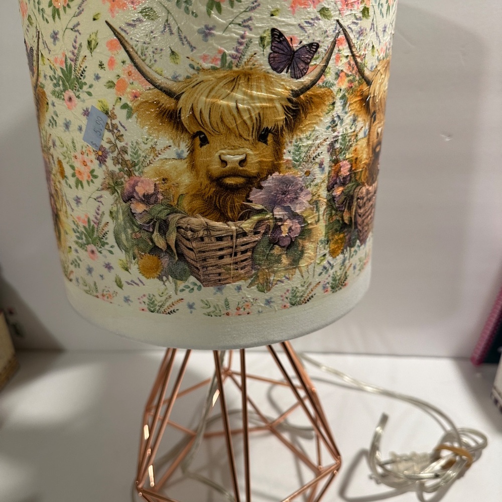 Rose Gold Metal  Bedside Lamp With Decoupaged Floral Highland Cow Shade - Picture 6 of 13